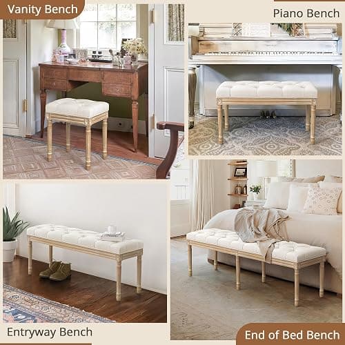 LUE BONA Upholstered Fabric Vanity Bench Seat, Makeup Stools for Vanity, Square Tufted Ottoman Bench with Carved Wood Color Legs for Bedroom Living Room, Beige thumbnail 6