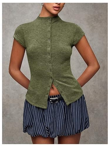 Milumia Women's Cap Sleeve Knit Top Mock Neck Button Down Sweater Tops | Slim Fit, Going Out, Summer, Fall Fashion, Casual, Streetwear, Short Tee, T Shirt, Cardigan Top thumbnail 5