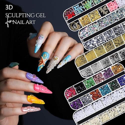 FANDAMEI 3D Nail Gel Kit, 15g 3D Sculpting Gel, 5 Box Nail Pearls Charms and Gems Clear&AB Nail Rhinestones, Metal Nail Beads&Gold Silver White Pearl Chrome Powder for DIY Manicure, UV/LED Lamp Needed thumbnail 4