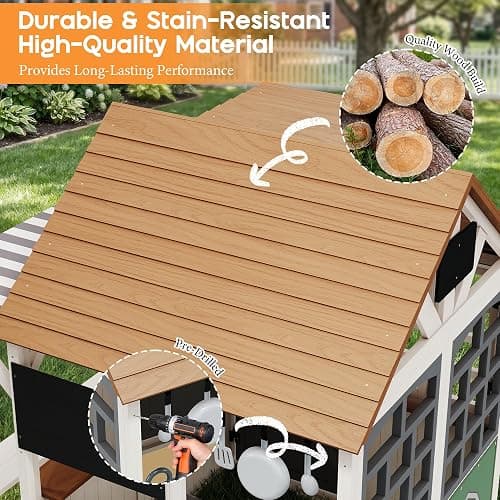 Albott Outdoor Wooden Playhouse with Kitchen Playset, Backyard Cottage Playhouse for Kids with Bench, Awning, Chalkboard, Pet Door and Dutch Door, Pretend Play House for Boys and Girls Ages 3-8 thumbnail 9