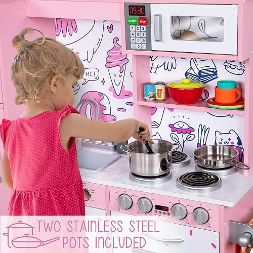 Lil' Jumbl Kids Kitchen Set, Pretend Wooden Play Kitchen, Battery Operated Icemaker & Microwave with Realistic Sound, Pots & Pan Included - Pink - Regular - Pink 2 thumbnail 6