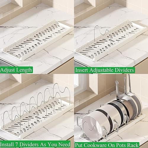 LICRUGU Pot Rack : Pots and Pans Organizer Under Cabinet 7 Adjustable Compartment Expandable Pot Lid Holder for Kitchen Cookware, Bakeware, Lid, Dishes, Cutting Boards,Apricot thumbnail 7