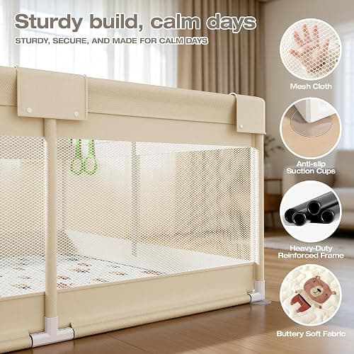 ZEEBABA Baby Playpen with Mat, 47x47in Beige for Babies & Toddlers | Machine Washable PlayMat cuts tedious scrubbing, Suction frame stops kid shifting, Outer zipper opens only externally thumbnail 5