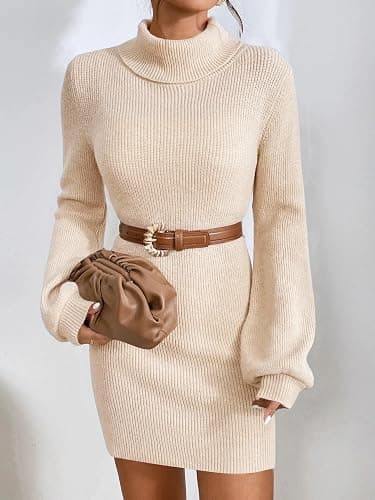 Turtleneck Sweater Dress for Women Lantern Sleeve Bodycon Pullover Mini Sweater Dress Stretchable Elasticity Slim thumbnail 3