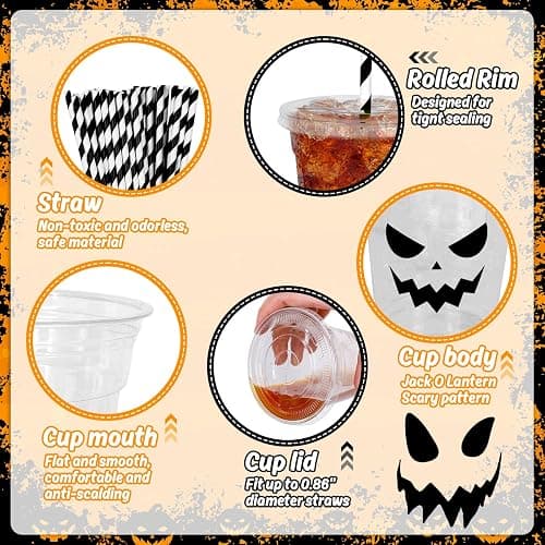 Whaline 60Pcs Halloween Disposable Plastic Cups with Lids and Straws 12oz Jack-O-Lantern Pumpkin Cold Beverage Drinking Cups Scary Printed Party Cup for Trick or Treat Party Supplies thumbnail 4
