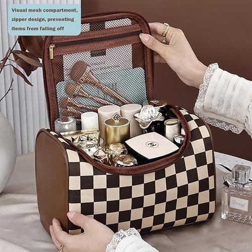 FEEZUSH Makeup Bag, Travel Portable Checkered Pattern Cosmetics Skincare Storage Bag (Brown) thumbnail 5