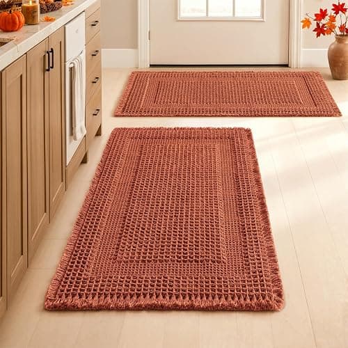 MIULEE Fall Orange Set of 2 Waffle Bathroom Rugs Boho Bath Mat 18x30 in | Looped Design, Super Absorbent, Non Slip, Washable, Ultra Soft, Rubber Backed, Bathroom Mats for Floor Tub Shower, Fall decor - Image 1