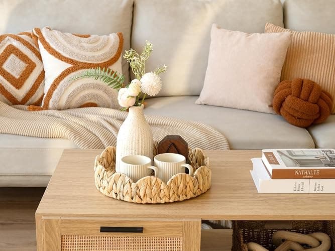 StorageWorks Scalloped Tray, Round Basket Tray Wicker Rattan Serving Tray with Handles, Scallop Basket Table Décor Trays, Water Hyacinth thumbnail 2