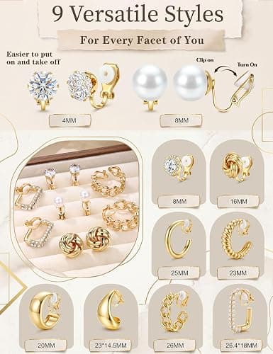 Drperfect Clip On Earrings for Women Non Pierced Earrings Set | Hypoallergenic Ears Clips, 14K Gold Plated CZ Pearl Knot Twist Chunky Hoop and Studs Earring, Fake Earrings Jewelry Gifts thumbnail 4
