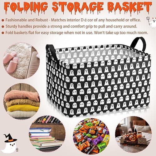 Chunful 4 Pcs Halloween Storage Baskets Black Hey Boo Cute Ghost Laundry Boo Basket Horror Scary Hamper Foldable Storage Bins with Handle Collapsible Organizer for Home Closet Office Bedroom thumbnail 4