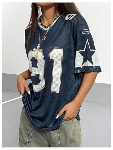SHENHE Women's Graphic Football Jersey Top V Neck Short Sleeve Loose T Shirt Streetwear thumbnail 4