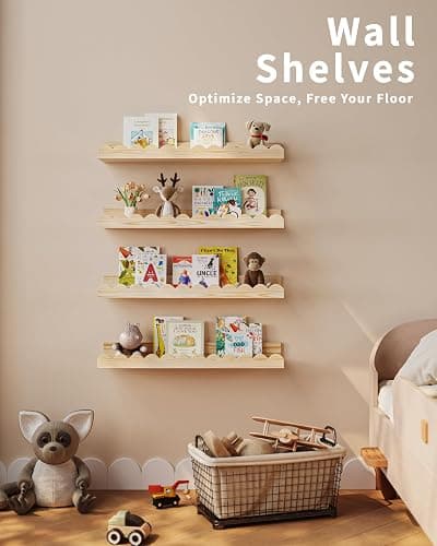 Shario Nursery Book Shelves, 4-Pack Wood Floating Shelves for Wall Kids, Scalloped Shelves, Wall Book Shelves for Bedroom Kids, Toddler Room, Baby Room, Nursery Decor(Wood, 16.5 Inches) thumbnail 4