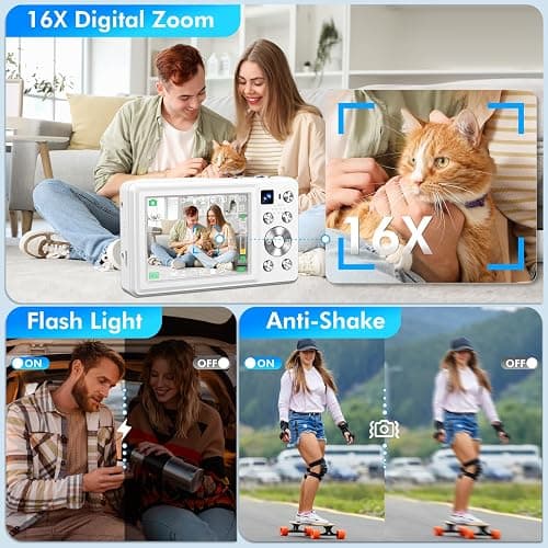 4K Digital Camera, 64MP Autofocus Vlogging Camera with Dual Lens, 16X Digital Zoom YouTube Compact Travel Point Shoot Camera for Teens Beginner, Anti-Shake,2 Batteries, 32GB Card (White) thumbnail 5