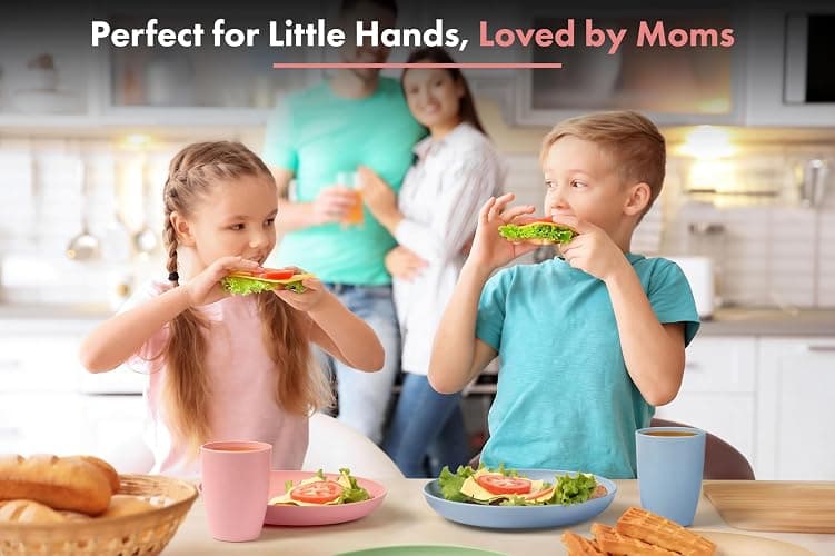 FOODLE Wheat Straw Dinnerware Set - BPA Free & Safety Tested - Dishwasher & Microwave Safe - Toddler & Kids Plates and Bowls Sets - Plastic Plates Reusable - Perfect for RV, Camping Dishes - For 4 thumbnail 5