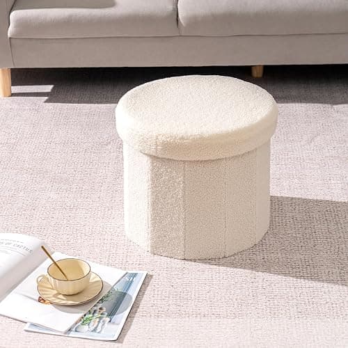 PINPLUS Round Storage Ottoman Cube Footrest - Versatile Boucle & Faux Teddy Fur Stool with Hidden Compartment for Living Room, Dorm, Bedroom White, 15"x15"x13.2" thumbnail 8