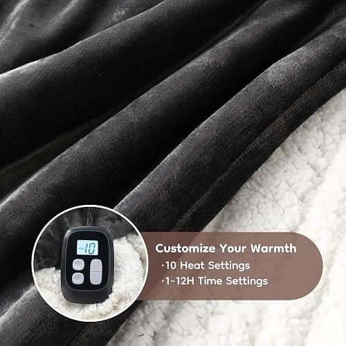 LaffyLo Electric Heated Blanket Full Size - 72"x84", Soft Flannel Heating Blanket, 10 Heating Levels, 1-12 H Auto Shut Off, Breathable Warm and Washable for Bed, Dark Grey thumbnail 4
