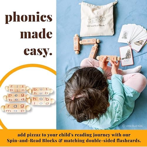 LITTLE BUD KIDS Spin-and-Read Montessori Phonetic Reading Blocks with CVC Phonics Flashcards for Beginner Readers, Montessori Reading Wooden Toys for 3 Years + thumbnail 4
