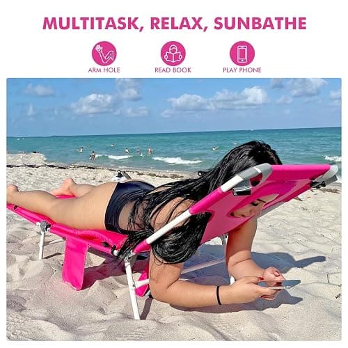 Backpack Beach Tanning Chair with Canopy Sun Shade & Face Hole, 6 Position Folding Lounge Sun Chair for Adults Outside Reading Sunbathing Poolside Camping Lawn, UPF 50+, Pink, Patent Design thumbnail 4