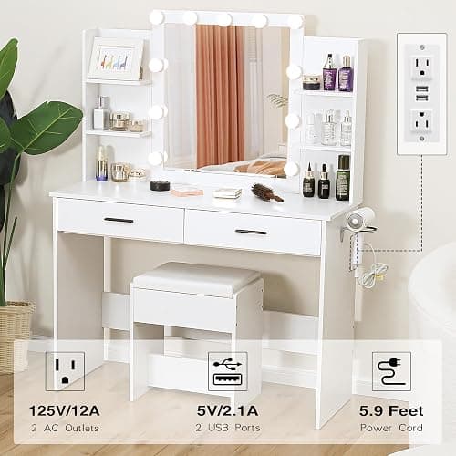 KAMABOKO Vanity Desk with Lighted and Mirror, White Makeup Table with Drawers and Charging Station, 3 Model Adjustable for Bedroom & Dressing Room (010 White) thumbnail 5