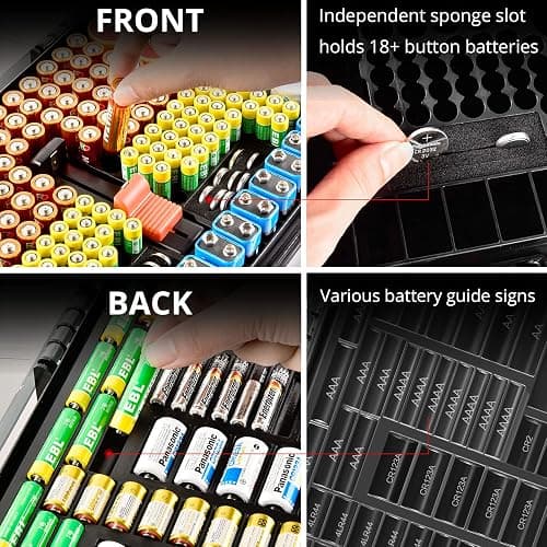 Aptbyte Battery Organizer Storage Holder Box Case with Tester- 269 Batteries Double-Sided Variety Pack, Holds AA AAA 4A C D Cell 9V 3V Lithium LR44 CR2 CR123 CR1632 18650 Button- Grey thumbnail 5