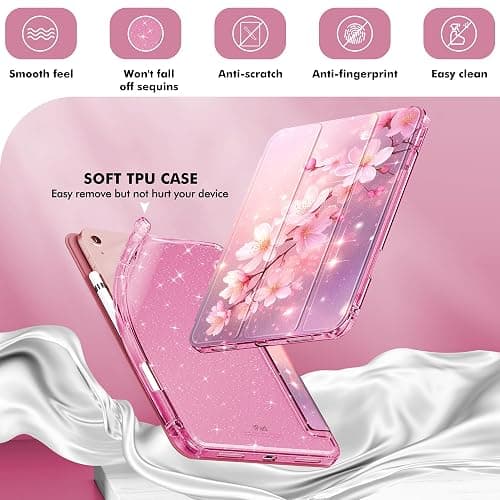 INFILAND Compatible with iPad A16 11th Generation 11 Inch 2025 Case, iPad Case 10th Generation 10.9 Inch, Glitter Cover with Sparkly Clear Back, Pencil Holder, for Kids Girls (Blossom Pink Glow) thumbnail 4