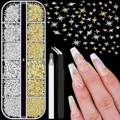 660Pcs 3D Star Nail Charms, Gold & Silver Multi-Shapes Metallic Nail Art Gems,Bedazzling Small Nail Beads Craft Jewels Y2K Cross Nail Rhinestones Accessories Decor with Tweezers and Pick-up Pencil - Image 1