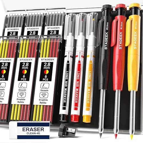 STAGEEK 3PCS Carpenter Pencils with Sharpener, Heavy Duty Woodworking Tools, Mechanical Pencil Set with 39 Refills, Deep Hole Long Nib Marker Pens for Architect Marking with Case (Red, Black, Yellow) - Image 1