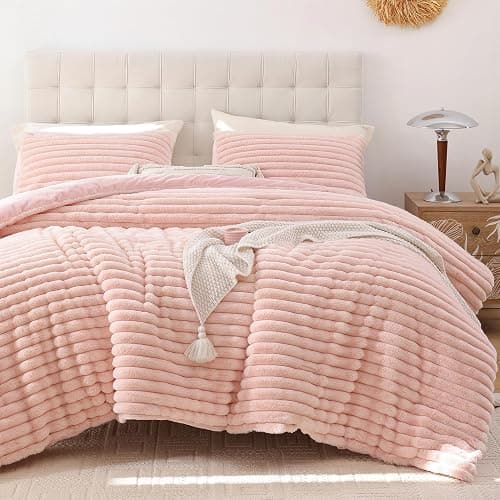 Smoofy Fluffy Full Size Comforter Sets 3 Pieces - Blush Pink Fleece Fluffy Comforter Set, Luxury Fuzzy Full Bed Set, Soft Comforter Full Size All Season, Heavy Faux Fur Comforter with 2 Pillow Cases - Image 1