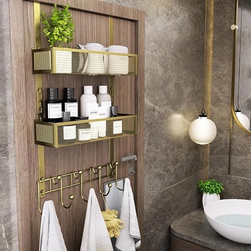 Consumest Over The Door Hooks Organizer - 3 Tier Door Hanger with 9 Coat Hooks & 2 Mesh Basket, Back Storage Organizer Hanging Towels for Bathroom, Bedroom, Gold thumbnail 8