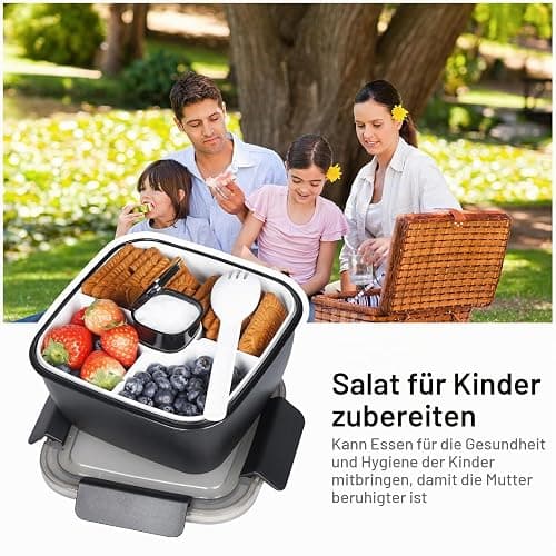Greentainer Lunchbox Auslaufsichere Bento Box mit 1 Gabel, Salatbehälter mit Dressingbehälter, 3 Fächer Salatbox-to-go für Schule,Arbeit,Picknick, Reisen,Camping (Schwarz, 1500 ML) thumbnail 6