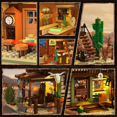 INSOON Western Saloon Building Set with LED Light, Wild West Building Block Toy 1727 PCS, Old West Construction Model with Horse Stable Cowboy Hat, House Building Kit Gift for Adults Teens 12+ thumbnail 2