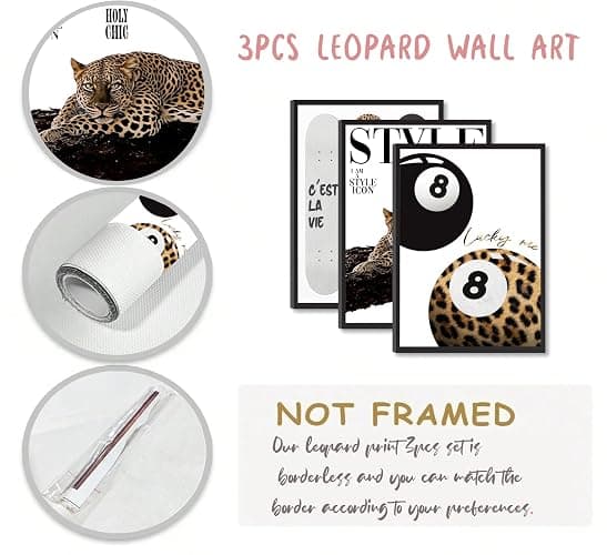 3Pcs Trendy Leopard Wall Art Preppy Aesthetic Stylish Leopard Painting Picture Wall Decor Funky Lucky 8 Ball Cheetah Poster Print Artwork for Bedroom Living Room Bathroom Home Decoration Unframed thumbnail 4