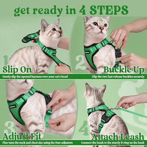 rabbitgoo Cat Harness and Leash for Walking, Escape Proof Soft Adjustable Vest Harnesses for Cats, Easy Control Breathable Reflective Strips Jacket, Grass Green,S thumbnail 8