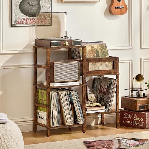 LELELINKY Record Player Stand, Vintage Brown Wood Record Holder with Vinyl Storage Holds up to 300+ Albums, 3-Tier Rattan Media Table with Vinyl Display Shelf, Record Storage Cabinet for Living Room thumbnail 8