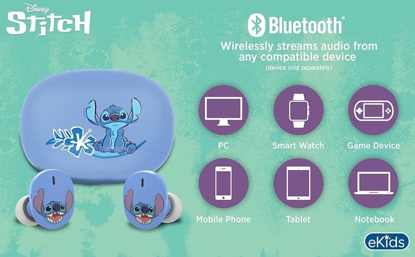 eKids Disney Stitch Wireless Earbuds with Microphone, Bluetooth Earbuds with Charging Case for Ear Buds, Designed for School, Home, or Travel thumbnail 6