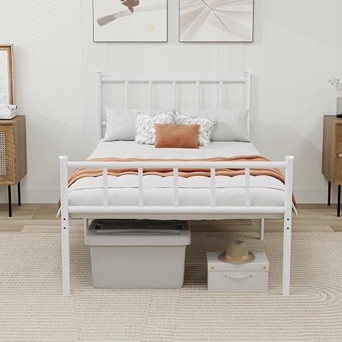WJORATA Metal Platform Twin Bed Frame with Headboard Sturdy Steel Slats Support No Box Spring Needed Easy Assembly White - Image 1