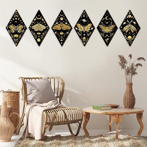 Sintuff 6 Pcs Halloween Gothic Butterfly Witch Wall Decor Art | Sun Moon Phases, Butterfly Hanging Wooden Ornament, Minimalist Farmhouse Pediment, Home Decor, for Living Bedroom Room thumbnail 4