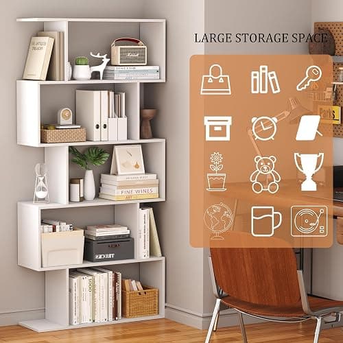 Yusong Bookshelf 5-Tier, Geometric Bookcase S Shaped Book Shelves for Bedroom, Modern Wood Decorative Display Shelf Book Case for Home Office, White thumbnail 6