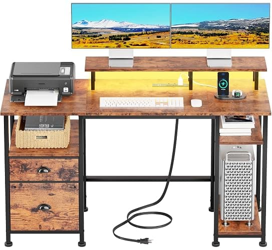 Furologee 51" Computer Desk with Power Outlet and LED Lights, Reversible Home Office Desk with File Cabinet & Monitor Stand, Large Gaming Table with Storage Shelves & Drawer, Rustic Brown - Image 1