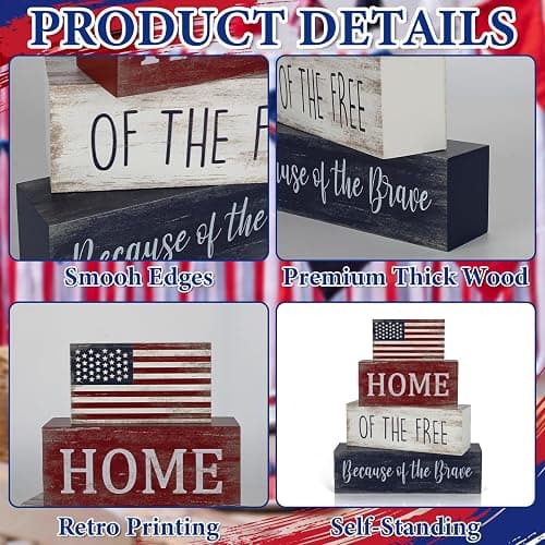 4th of July Decorations, 4 Sets Patriotic Wooden Block Table Centerpieces, Red White Blue Independence Day Memorial Day Tabletop Decorations, Rustic Labor Day Tiered Tray Decor for Home Office thumbnail 4