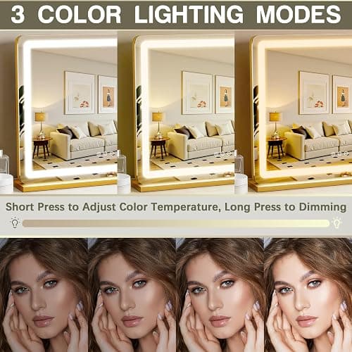 ROLOVE 23"x18" Gold Vanity Mirror with Lights, Large Lighted Makeup Mirror with 10X Magnifier, 3 Color Lighting & Stepless Dimming, Wall Mounted or Tabletop Desk Mirror for Bedroom thumbnail 4