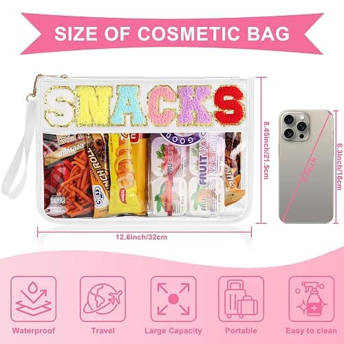 Snack Bag for Travel - Clear Chenille Varsity Letter Flat Pouch with Zipper, 12.2×8.46 inch Waterproof Clear Nylon Preppy Patch Makeup Cosmetic tote Bags for Women Girls thumbnail 2