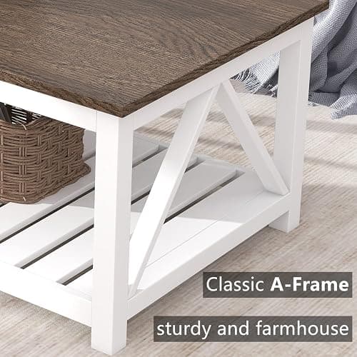 ChooChoo Farmhouse Coffee Table, Rustic Vintage Living Room Table with Shelf, 40 White thumbnail 6
