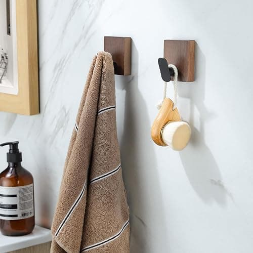 DELITON Adhesive Towel Hooks,Wall Hooks for bathrooms Without Drilling, Wood Wall Hooks for Hanging Robe, Towel, Bag Stick on Farmhouse Bathroom Bedroom Entryway 4 Packs Burned Brown thumbnail 3