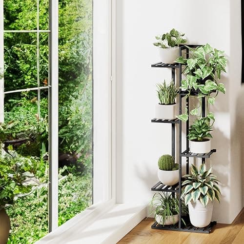 ROSSNY 48 Inch Tall Plant Stand Indoor, 6 Tier 7 Potted Bamboo Plant Stands for Indoor Plants, Corner Plant Stand, Tiered Plant Stands, Plant Shelf For Indoor, Planter Holder for Multiple Plants Indoor, Black - Image 1