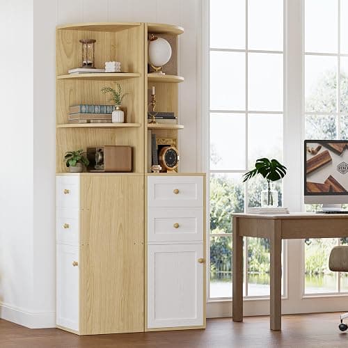 IRONCK Corner Bookshelf and Bookcase, 71" H Wooden Book Shelves 3 Tier with Drawers and Storage Cabinet for Living Room, Office, Bedroom, Oak and White thumbnail 8