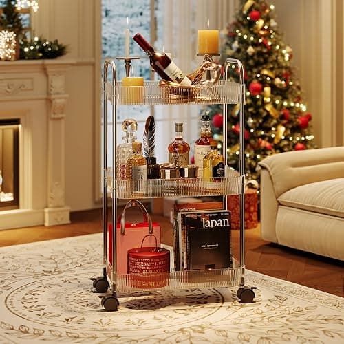 STARLATTA 3 Tier Rolling Cart with Lockable Wheels, Clear Acrylic Utility Trolley with Handle, Heavy-Duty Storage Organizer for Kitchen Bathroom Nursery Laundry - Snack Book Craft Organizer (Clear) thumbnail 7