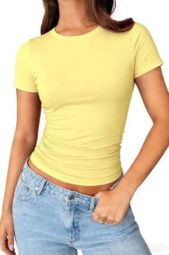 ForeFair Womens Casual T Shirts Summer Tops Short Sleeve Going Out Crop Tops Crew Neck Slim Fitted Basic Ruched Tee - Image 1