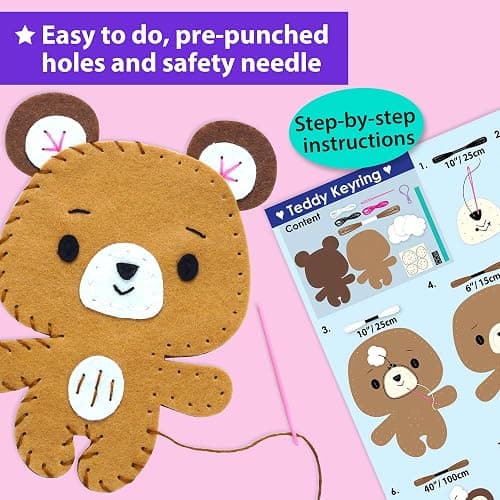 KRAFUN Unicorn Sewing Keyring Kit for Kids Age 7 8 9 10 11 12 Learn Art & Craft, Includes 6 Stuffed Animal Bear, Dog, Rabbit, Raccoon, Owl Dolls, Instruction & Felt Materials thumbnail 4