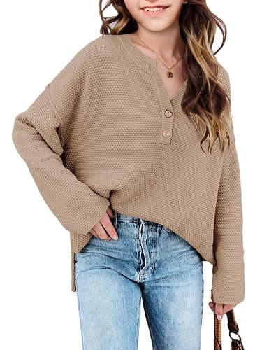 Girls Winter Sweaters 2025 Fashion Teen Tops Henley Kids V Neck Long Sleeve Loose Shirts Fall Warm Clothes - Image 1